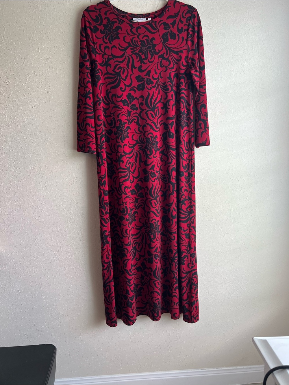 Chico's Red and Black Printed Long Sleeve Maxi Dress